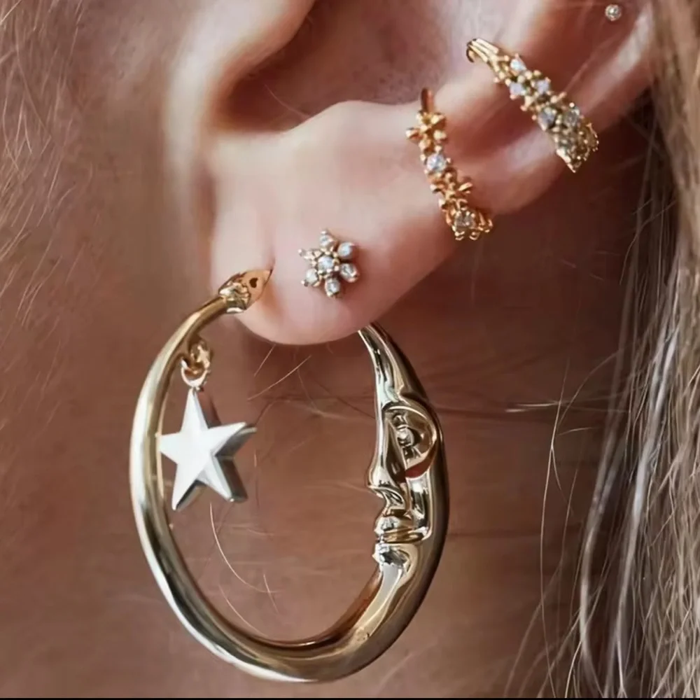 Moon Gold Hoop Earrings with Silver Star Charm - Picture 4 of 6